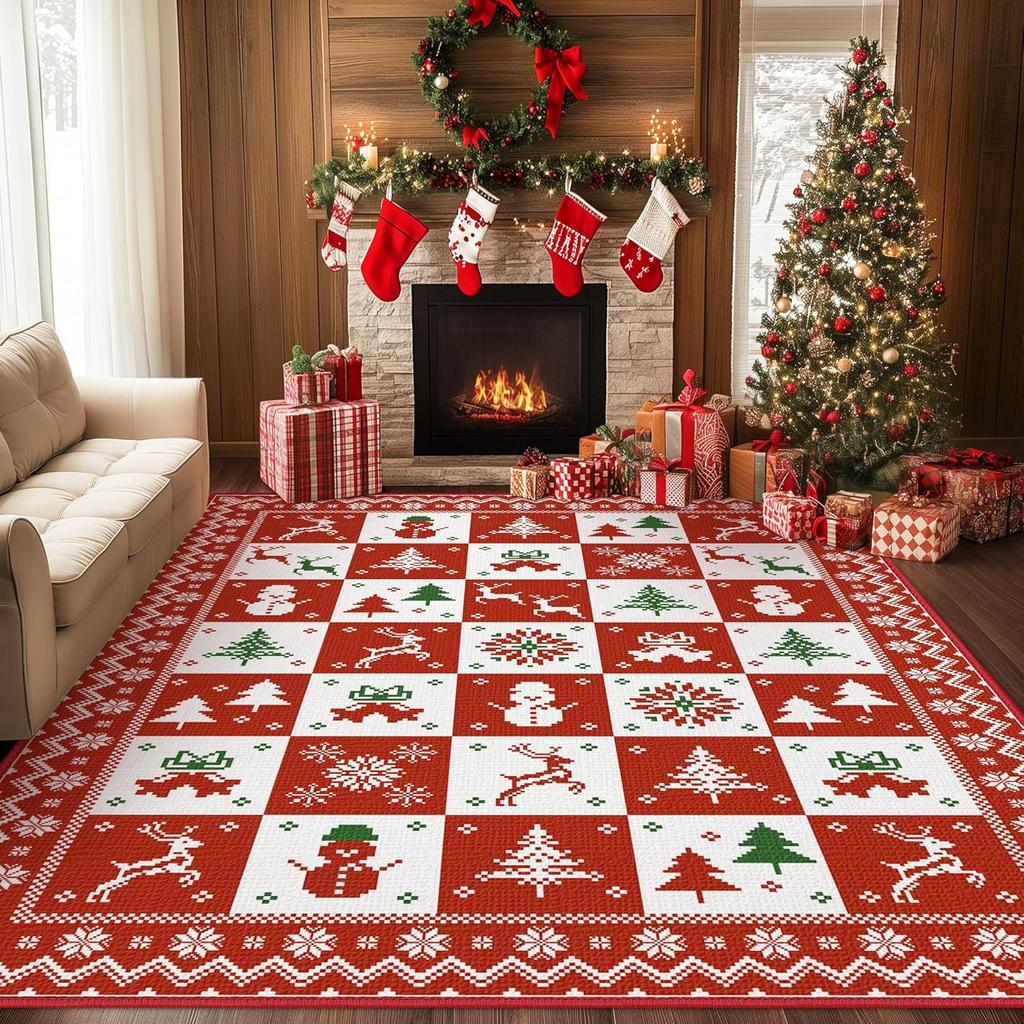 Christmas Santa Reindeer Snowflake Gift Red Green Festive Carpet Soft Non-slip Mat Rug for Living Room Home Decoration Durable