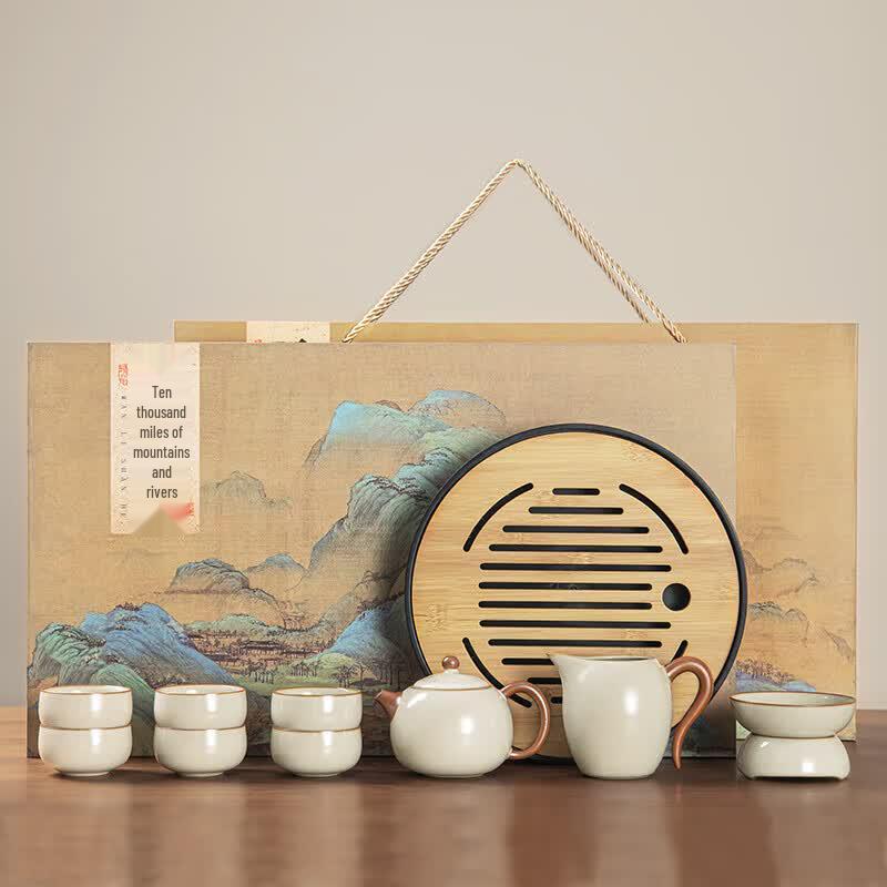 Ru Kiln Ceramic Kung Fu Tea Set with Bamboo Tea Tray