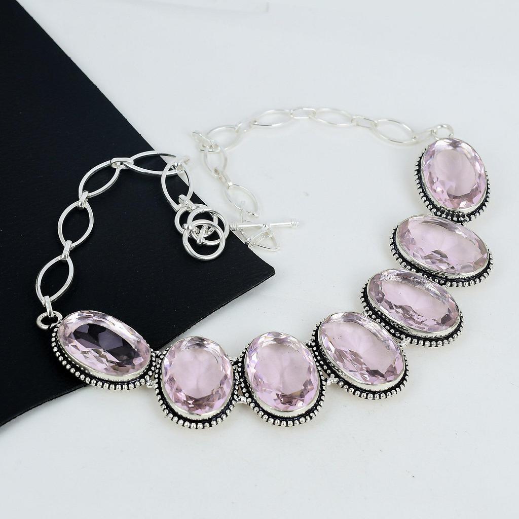 Pink Kunzite Gemstone Handmade 925 Sterling Silver Necklace, Blue Copper Turquoise Silver Necklace For Wife, Unisex Necklace, Christmas Day Gift