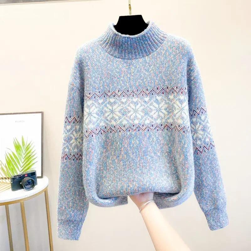 Sweater for Women Autumn Winter Thickened Pullover Warm Knitted Striped High Collar Stretchy Long Sleeve Oversize Jumper Tops