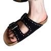 Retro Platform Slippers for Women's Outward Wear Summer New Round Toe Open Toe Studded One-line Buckle Flat Shoes