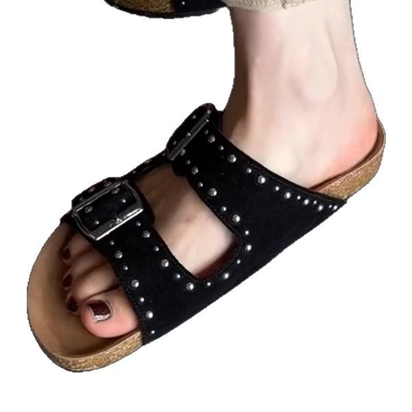 Retro Platform Slippers for Women's Outward Wear Summer New Round Toe Open Toe Studded One-line Buckle Flat Shoes