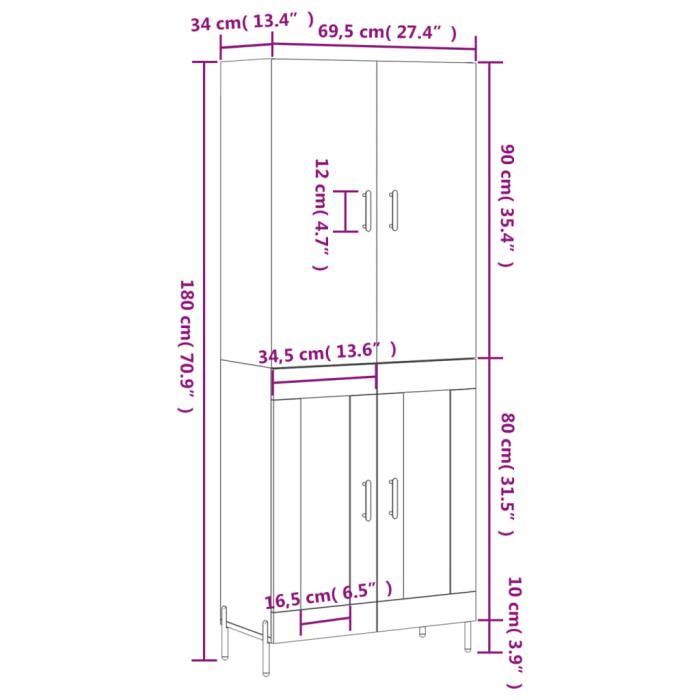 VidaXL Highboard White 69.5x34x180 Cm Engineered Wood 3195739