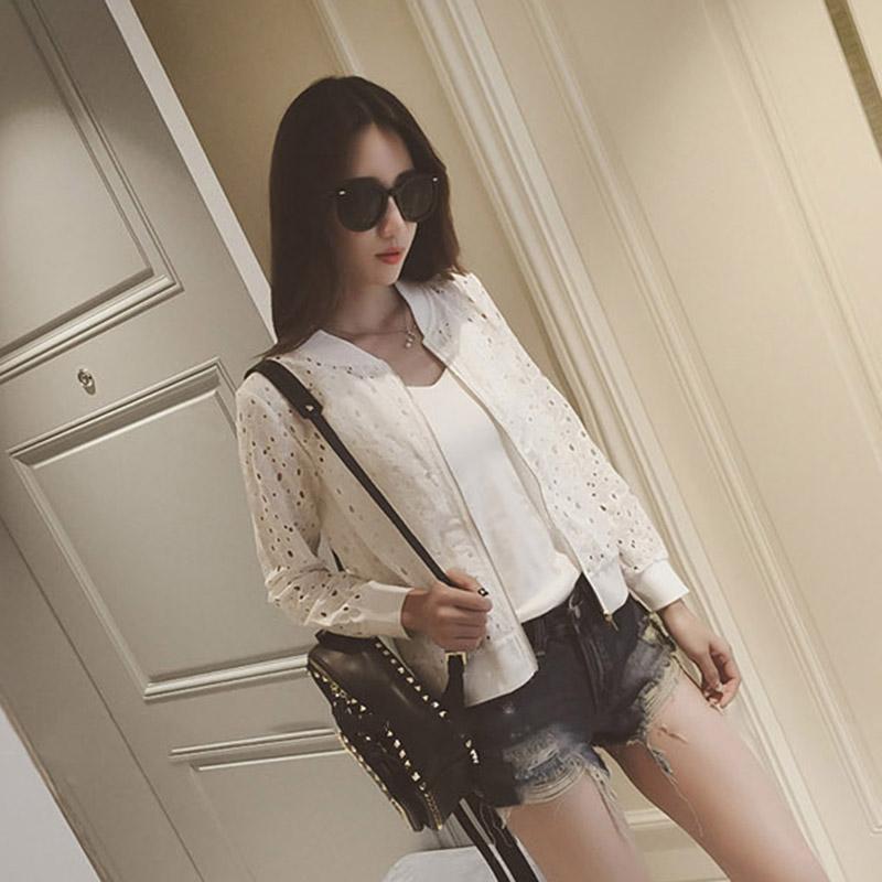 Mode Frauen Bomber Jacke Langarm Spitze Sonnencreme Shirt Kurzen Sommer Dünne Mantel Casual Baseball Mantel