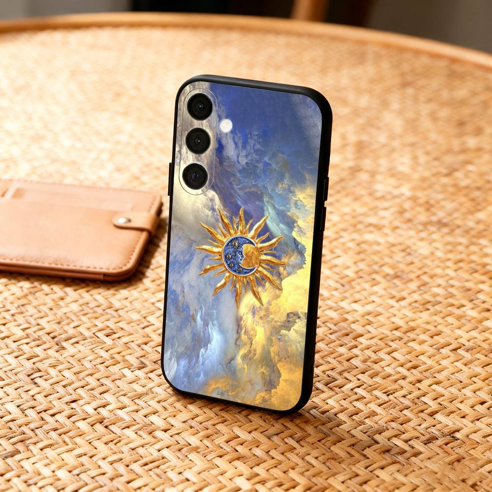 Gilded Sun and Moon Phone Case For Samsung A73,72,71,A52,51,40,41,A22,A32,31,A13, Soft Black Shell