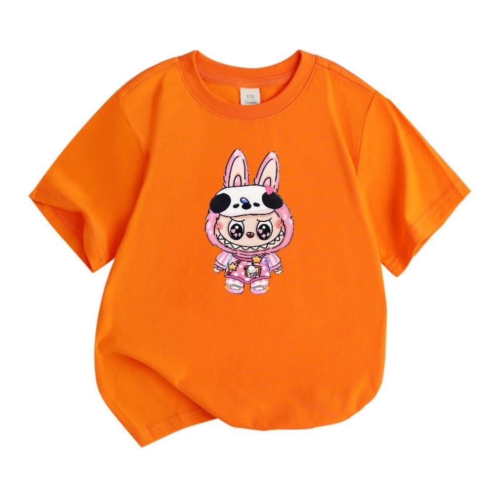 2025 Popular Children's Clothing Short Sleeved LABUBU Wearing Pajamas Pattern Round Neck T-shirt Cartoon Style Girl's Top