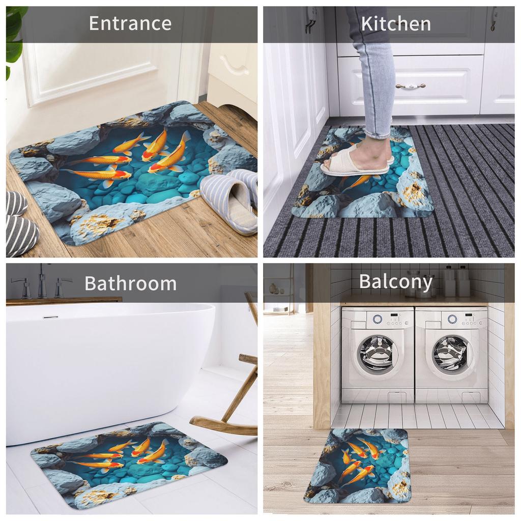 Vibrant 3D Koi Fish Illusion Doormat Non-Slip Bathroom Kitchen Mat Bedroom Balcony Door Floor Entrance Carpet Rug