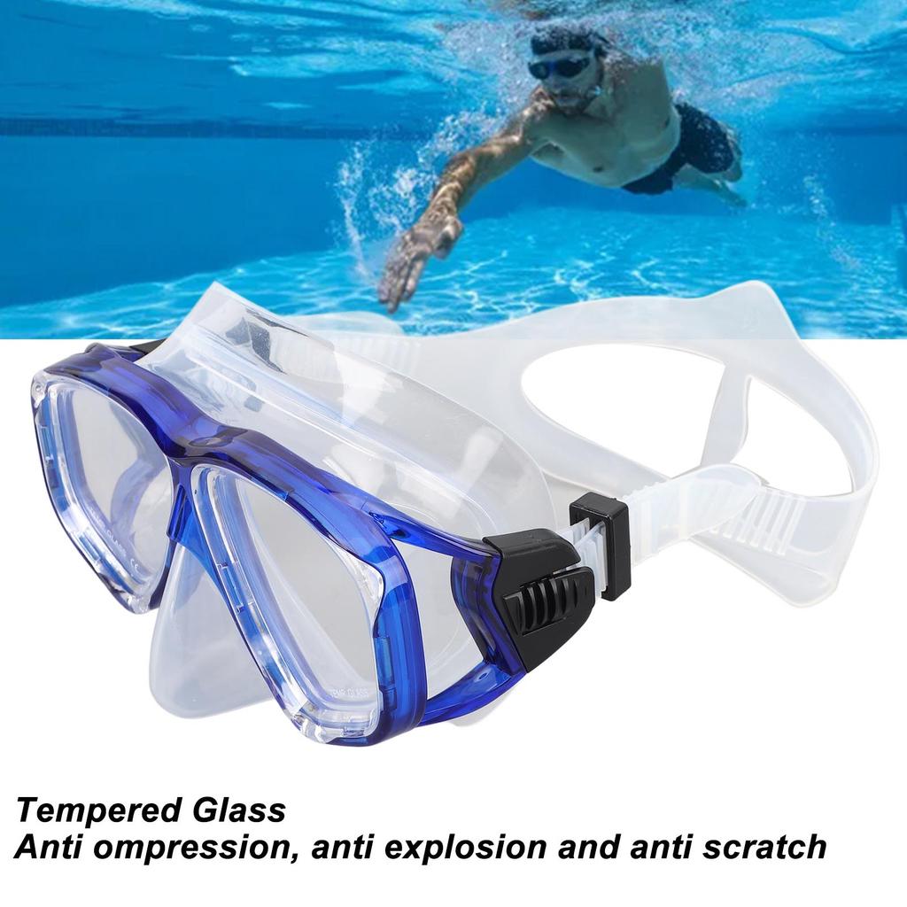 Diving Goggles with Nose Cover Wide View Anti Fog Tempered Glass Lens Silicone Snorkel Scuba Goggles Blue