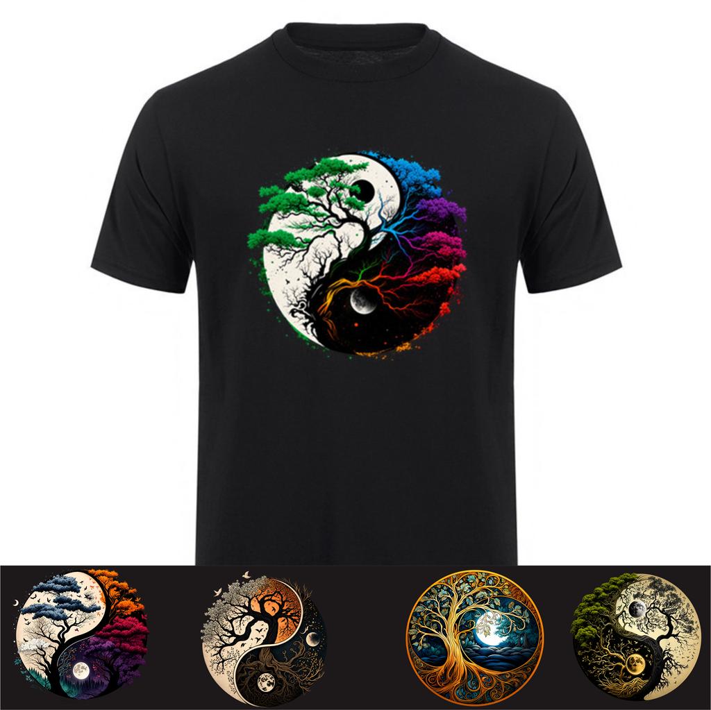 New Design Tree of Life Yin Yang TShirt Short Sleeve Streetwear Tee Cotton Loose Oversized T Shirt HJ043
