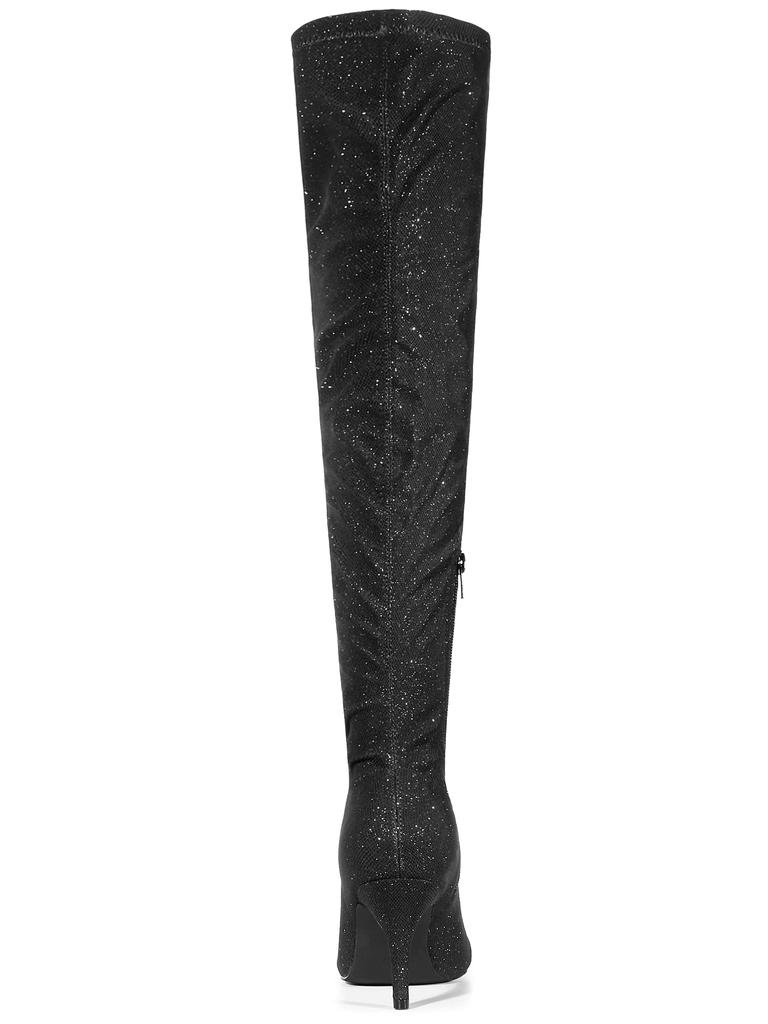 Allegra K Glitter Knee-High Boots, Pointed Toe, Stiletto Heel, Women's, Black, Size 25.5cm
