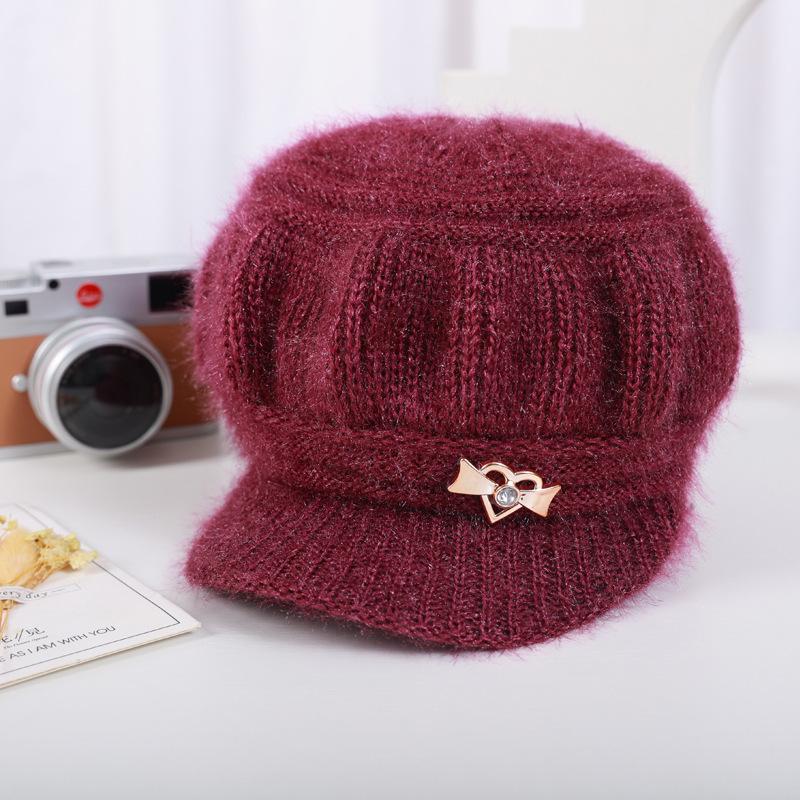 

New winter knitted woolen hat for middle-aged and elderly women, ladies fleece-lined warm ear-protecting hat, mom and grandma hat пурпурно красный