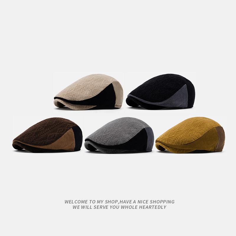Men's Color Matching Peaked Cap Knitted Wool Beret Autumn Winter British Retro Forward Hat Warm Cap Painter's Hat