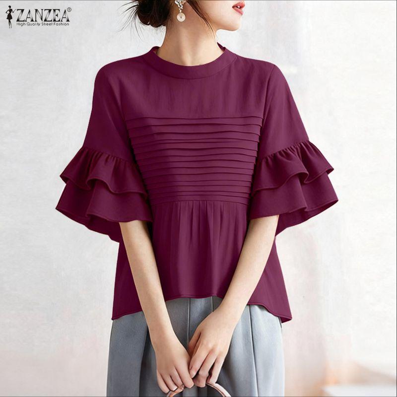 ZANZEA Damen Lässige Stehkragen Locker Halbarm Bluse