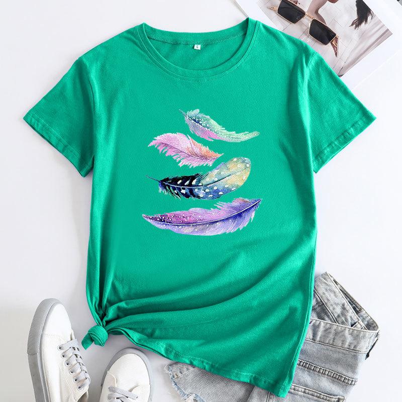 Summer Round Neck Colorful Feather Print Top Fashionable Casual Cute Short Sleeved Women's Pure Cotton T-shirts
