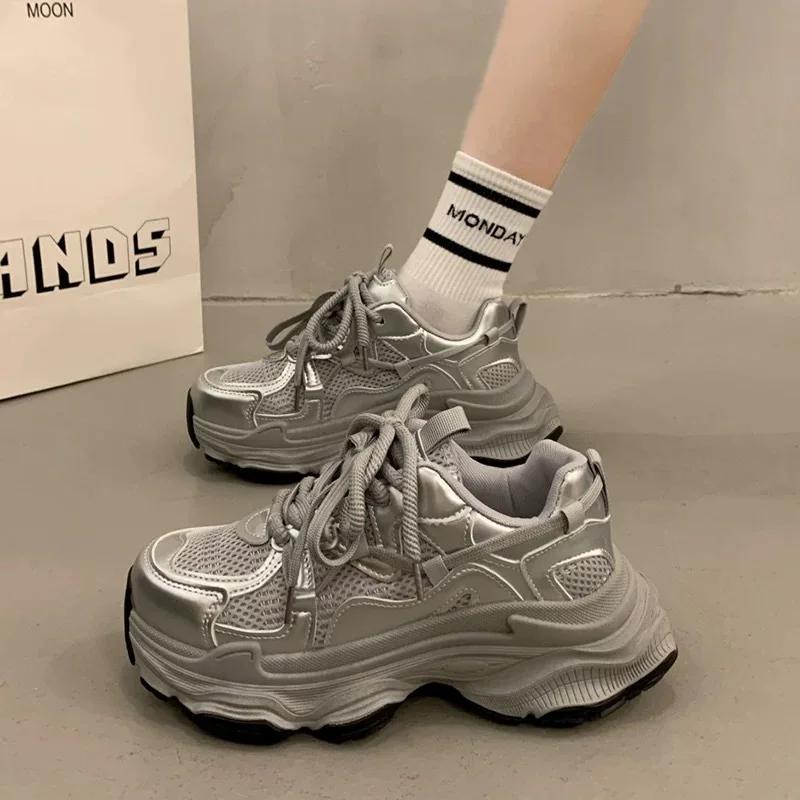 Chunky Platform Sneakers for Women Spring Fashion Thick Sole Vulcanized Shoes Woman Non Slip Mesh Breathable Casual Sports Shoes
