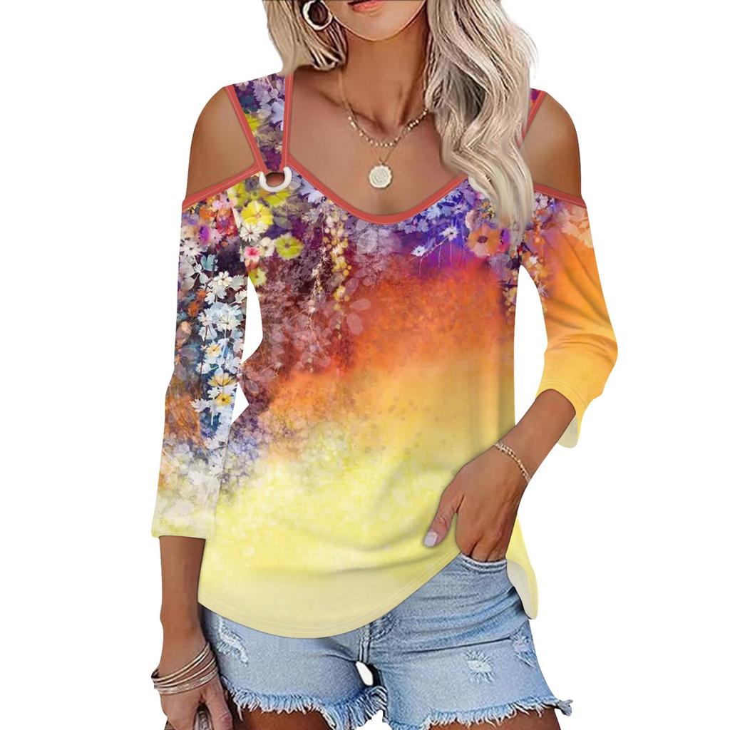 Damen Casual Shirt Bluse Print V-Ausschnitt Sexy Cold Shoulder 3/4 Ärmel Top