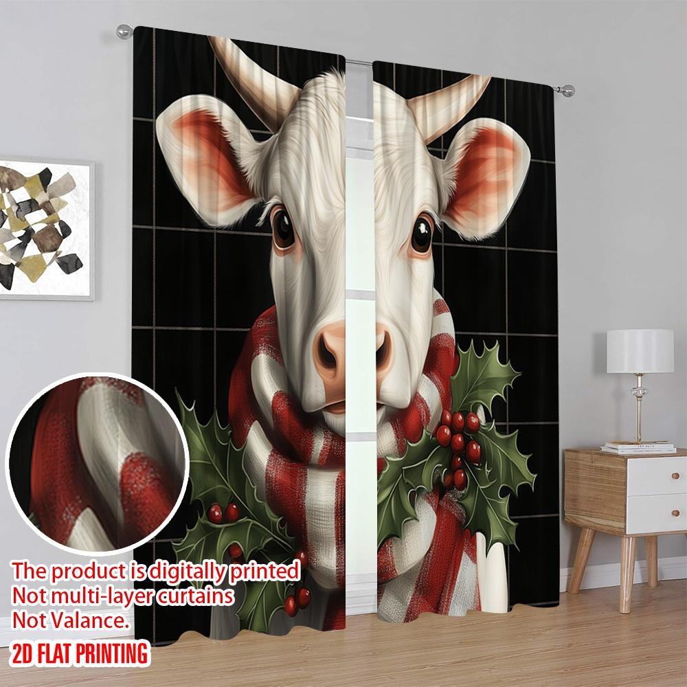 2pcs,2D plane printing Popular Curtains Christmas Cow Holly Scarf (2) Versatile Fabric (without rod) Decorations Outdoor Ldeal