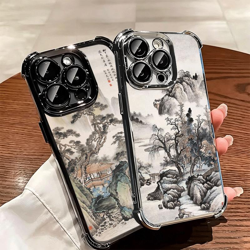 Chinese Style Ink Painting Art Soft Phone Case For iPhone 15 16 17 Air 14 Pro Max 16E Plus 13 12 Mini Plating Anti-Fall Fundas