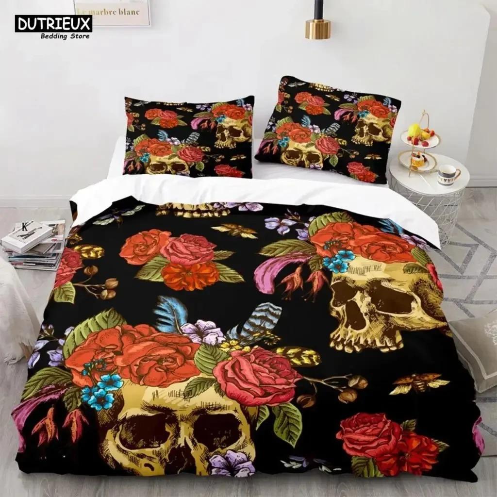Skeleton Skull Bedding Set Queen King Full Size Duvet Cover Set With Pillowcases Rose Flower Bed Linen For Adults Teens