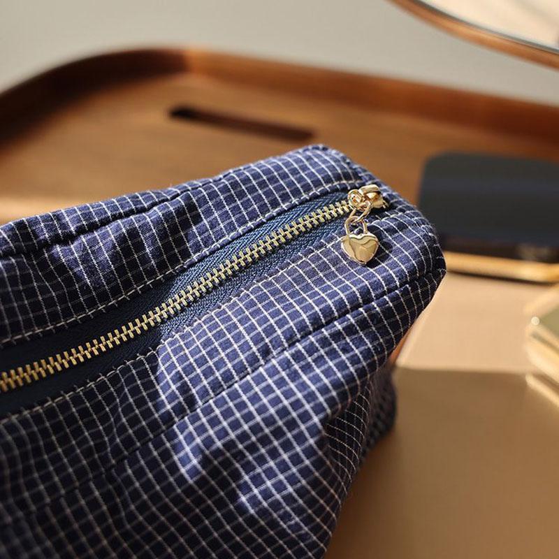 Checkered Striped Fabric Cosmetic Bag Square Three-dimensional Zipper Storage Bag Travel Portable Handbag Liner Bag Makeup Bag