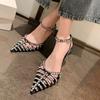 Footwear Rhinestones Sandals for Women Pointed Toe Ladies Shoes with Medium Heels Summer 2025 Diamond Sexy Black Designer Luxury