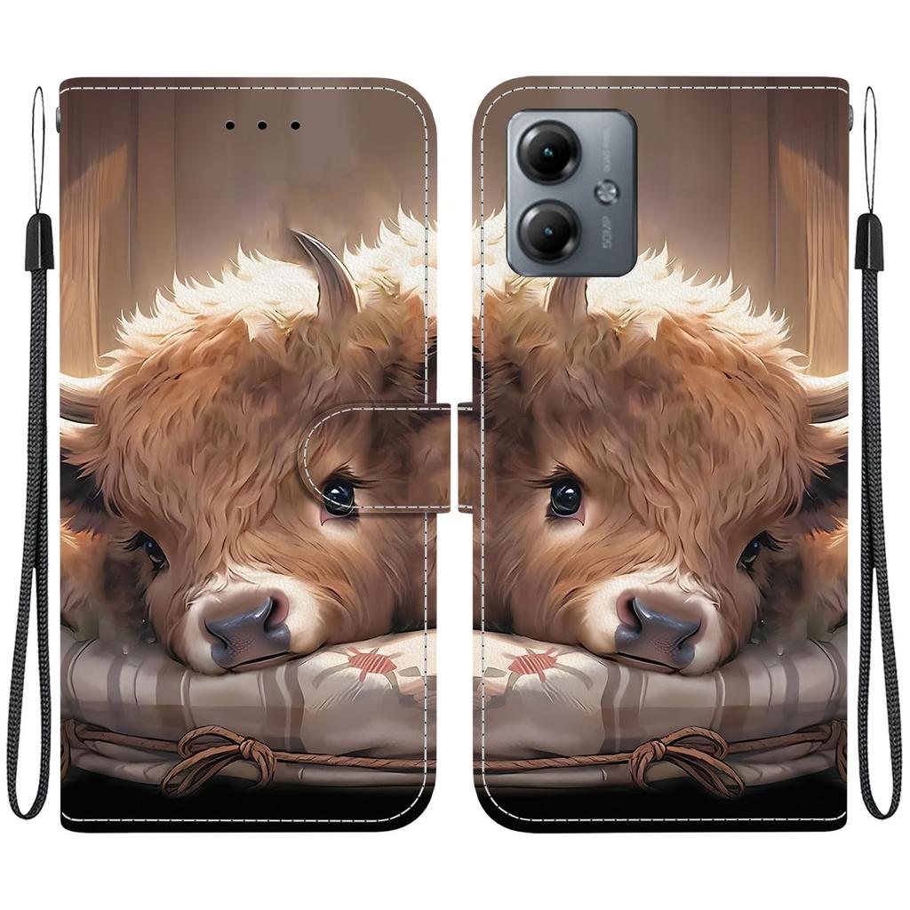 Handmade PU Leather Flip Case for Motorola Moto G14 Anti-Slip Shockproof Cover with Wrist Strap & Heart/Rose Cat Designs