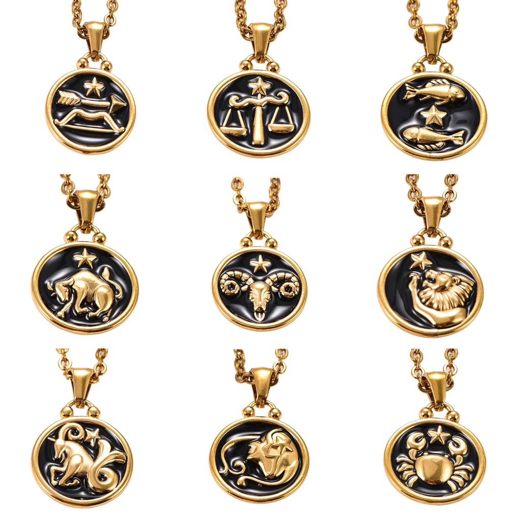 Stainless Steel 12 Constellation Pendant Necklace for Women Gold Zodiac Sign Charm Astrology Metal Jewelry Birthday Gift