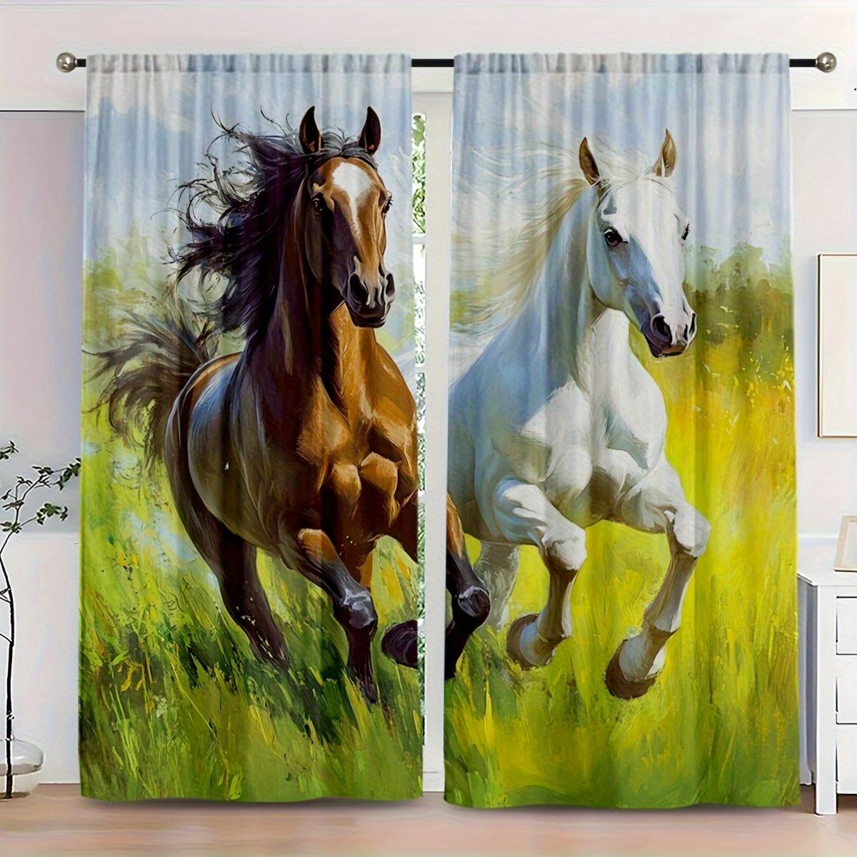 

2pcs Modern Equestrian-Themed Curtains - Vibrant Running Horses Design Chocolate Brown & Platinum White Semi-Transparent 100*130 Rod Pocket 1pcs