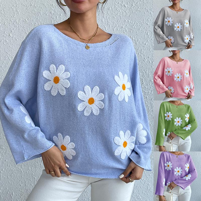 Sweet Floral Embroidered One-Shoulder Knit Pullover Sweater - 2024 European & American Style