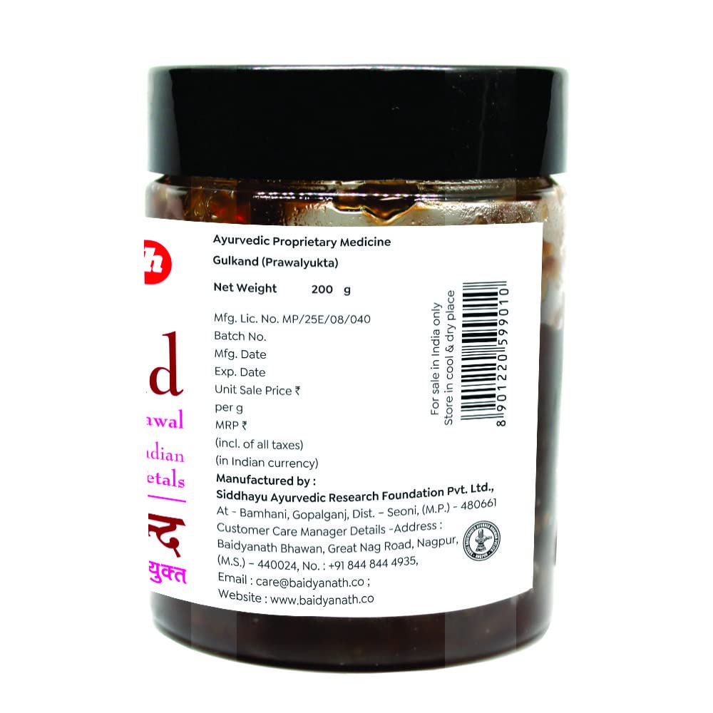 Baidyanath Asli Ayurved Gulkand Dżem z płatków róży z Prawal Gotowany na słońcu 200 gram
