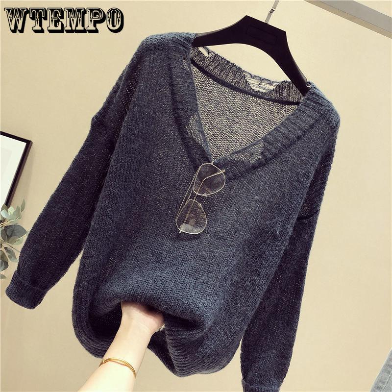 Spring Women's Sweater Long Sleeve Loose Knit Women's Thin Slouchy Sweater Hollow Top