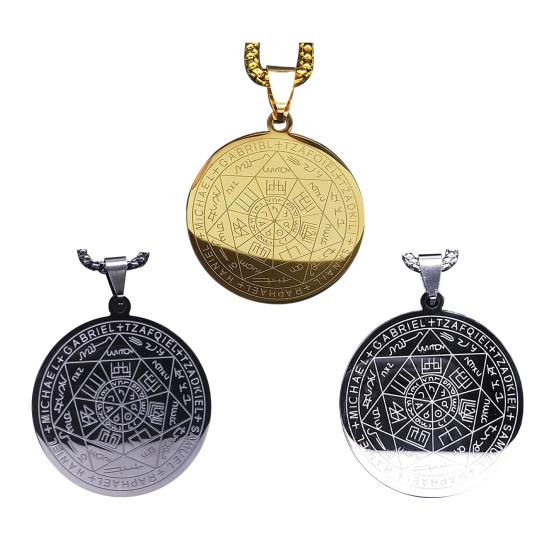 Men Necklace Seven Angel Amulets Chain Round Pendant Hollow Solomon Stainless Steel Electroplated Unisex