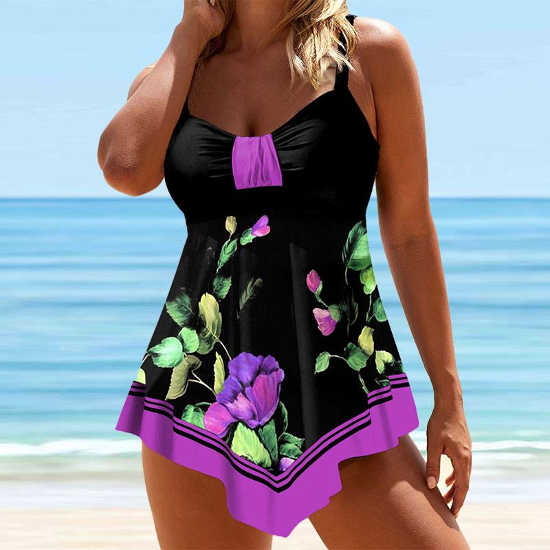 Women's Swimwear Tankini 2 Piece Swimsuit White Curved Flowers Print Vacation Bathing Suits