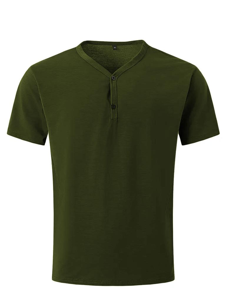 Men's Gray V-Neck Short Sleeve T-Shirt Two-Button Placket Slim-Fit Casual Daily Basic Top