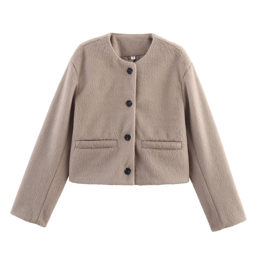 Foreign trade wholesale women's clothing autumn new fashion simple casual versatile button decoration blended round neck short jacket