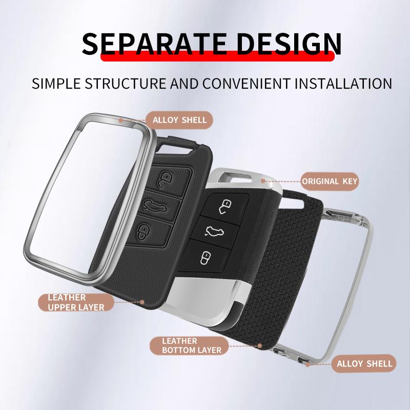 Metal Genuine Leather Auto Key Fob Cover Case Housing Fit For Vw Volkseagen Passat B8 Magotan Fit For Skoda Superb A7 Kodiaq Seat Key Ring Auto