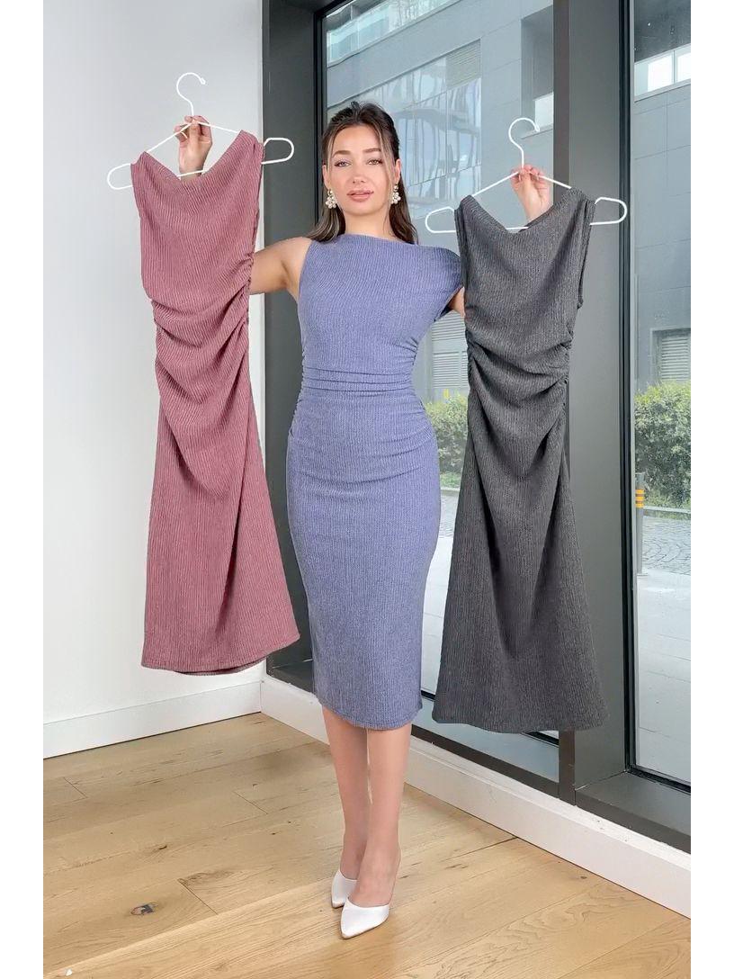 

2025 Summer Women s Pleated Asymmetrical Sleeveless Midi Dress M королевский синий