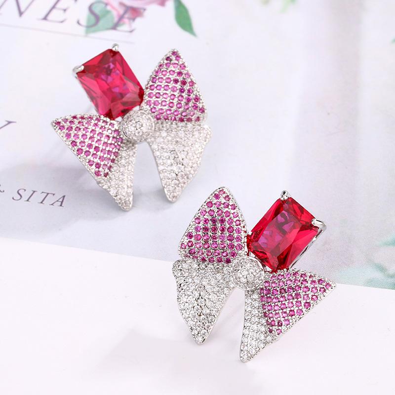 Autumn and Winter New Retro Colored Zirconium Earrings Fashionable Versatile Earrings 925 Silver Needle Bow Premium Women's Style