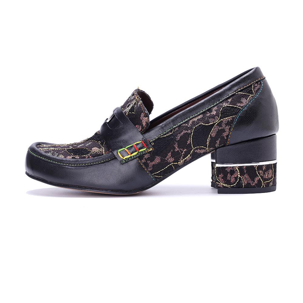 Johnature Ručně vyráběné lodičky z pravé kůže, retro prošívání, pohodlné mokasíny, silný podpatek, dámské boty