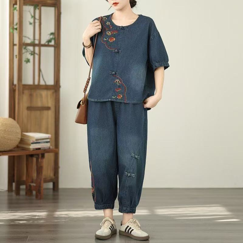 

Джинсовый костюм с пряжкой-скобой для женщин среднего и пожилого возраста, летний, ретро, с вышивкой, свободный, комплект из двух предметов L