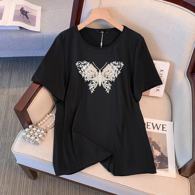 

Женская однотонная базовая свободная футболка с принтом бабочки и круглым вырезом, летняя повседневная модная дышащая легкая футболка для работы, отдыха, плюс топ 5XL чёрный