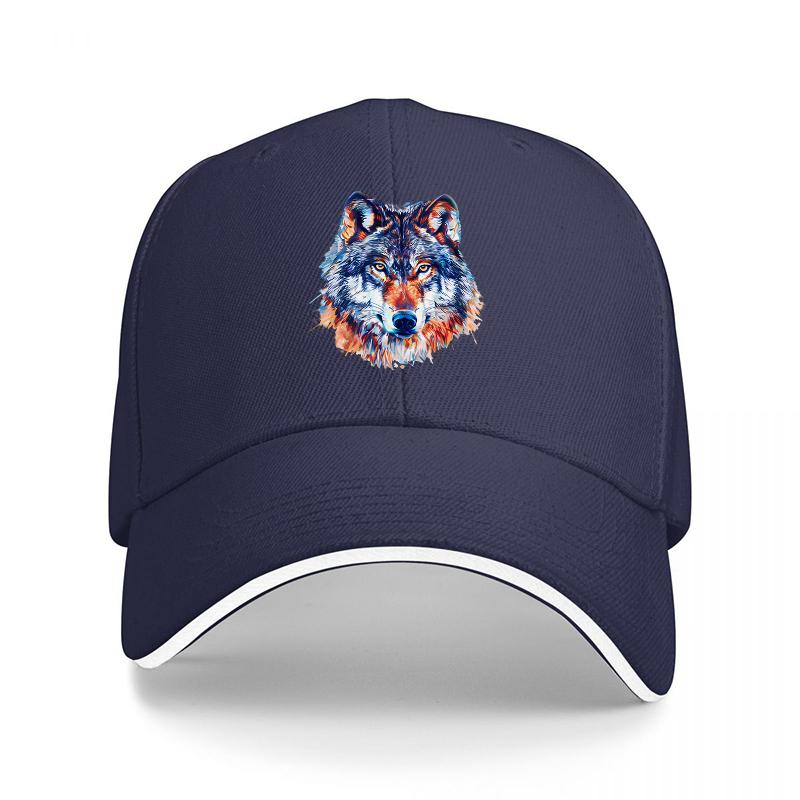 Wolf Head Art Print Baseball Cap Black Adjustable Hat with Colorful Animal Design for Outdoor Fashion and Casual Wear