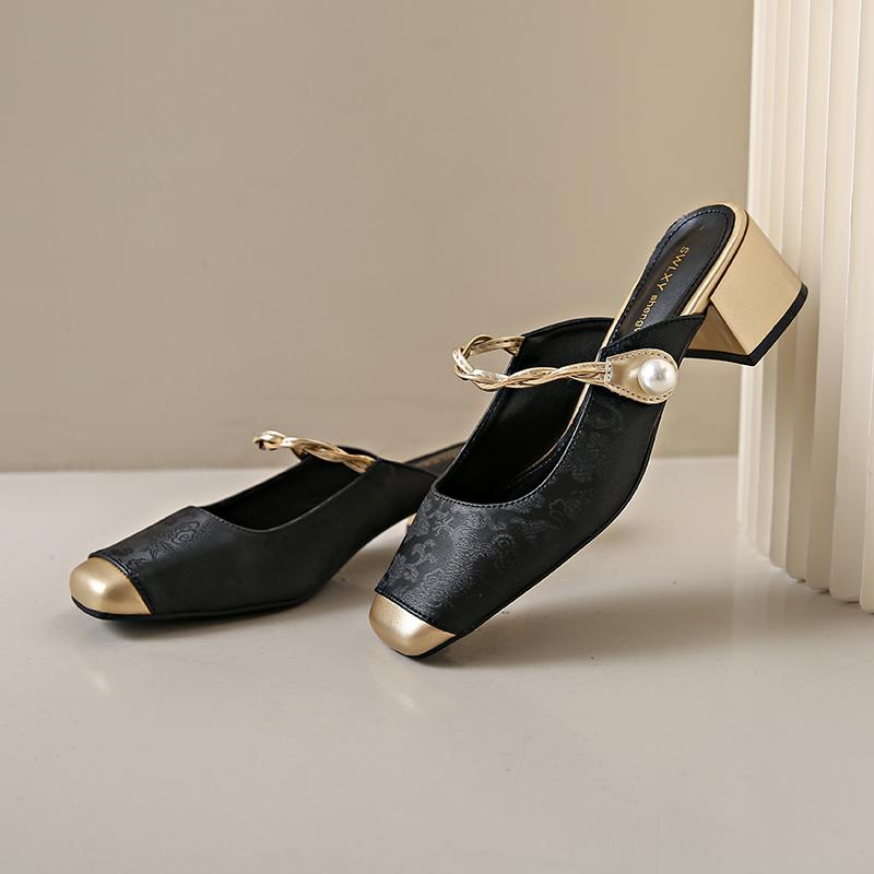 Elegant Chinese Style Women's Mid Heel Slip-On Shoes Summer Soft Fairy Outerwear Mary Jane Flat Sandals Silk Upper Rubber Sole