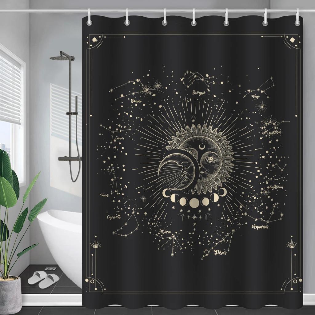 Black Mysticism Shower Curtain Liner Sun and Moon Modern Waterproof Bathroom Curtains Accessories with 12 Hooks Bathtub Curtain