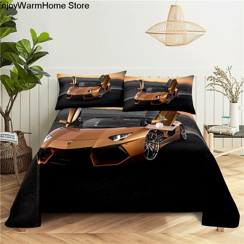 Sports Car Digital Printing Polyester Bed Flat Sheet With Pillowcase Cartoon Kids Gift Racing Cars Bedding
