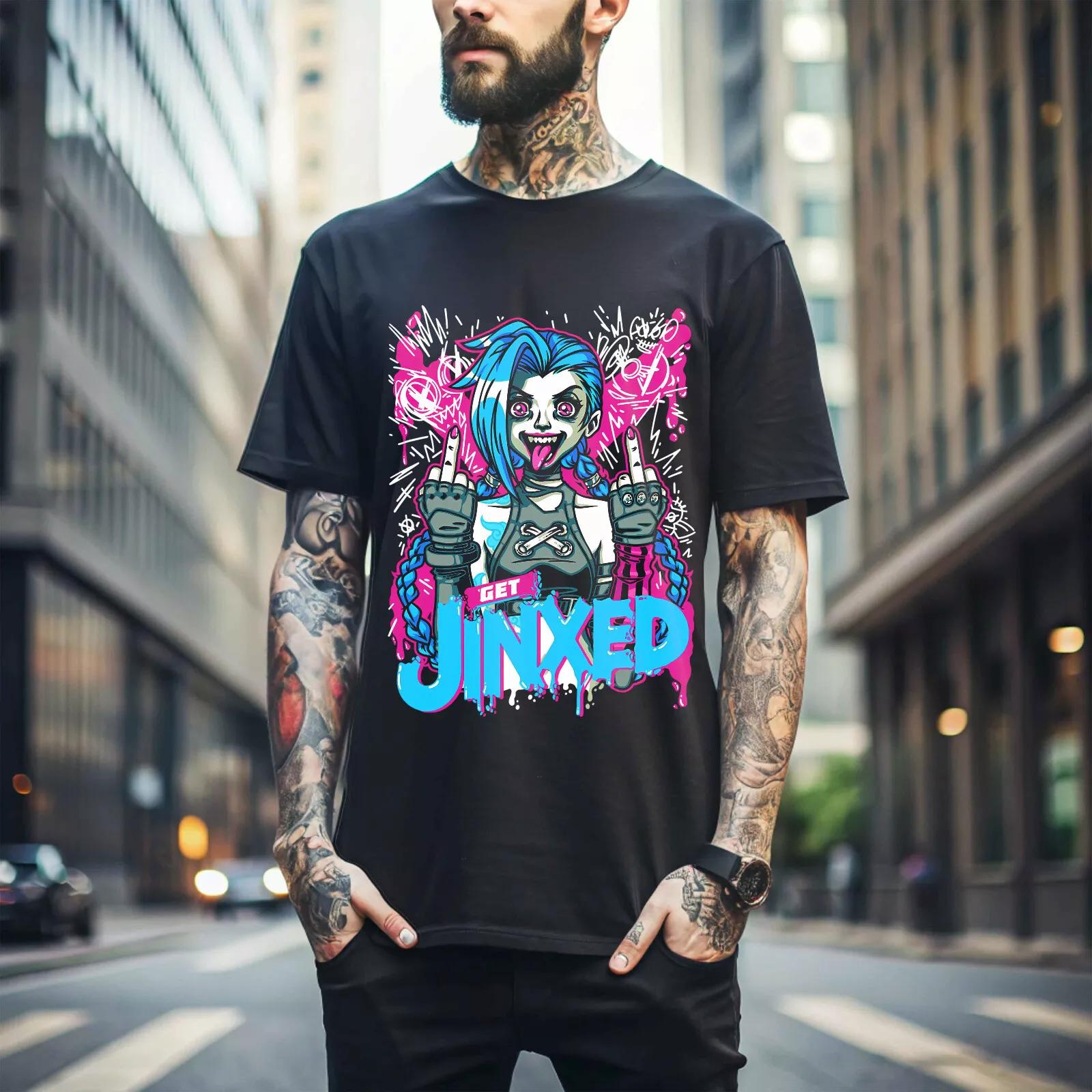 

100% хлопок ТОПЫ UNISEX ФУТБОЛКИ МУЖСКИЕ ЖЕНСКИЕ Jinx Arcane Футболка Японское Аниме Мультфильм Jinx Черная Футболка Унисекс 145 4XL