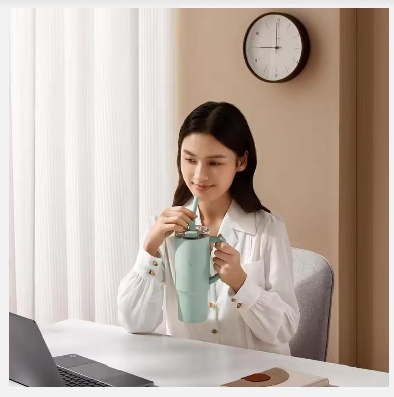 New Xiaomi Mijia Straw Cup 316L Stainless Steel Thermos Cup 1L Handle Large Capacity Portable Sports Kettle Car Travel Cup