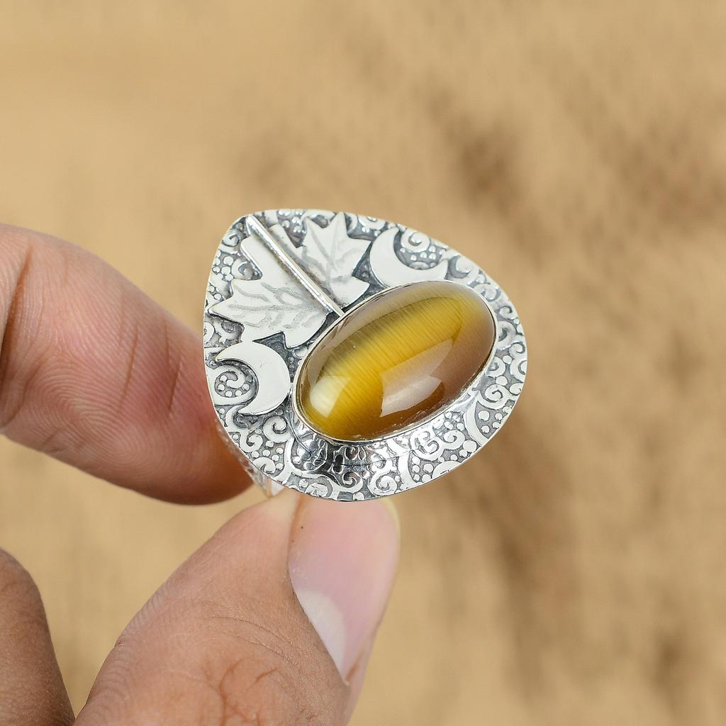Mothers day Sale 925 Sterling Silver Tiger's Eye Gemstone Boho Cresent Moon Ring