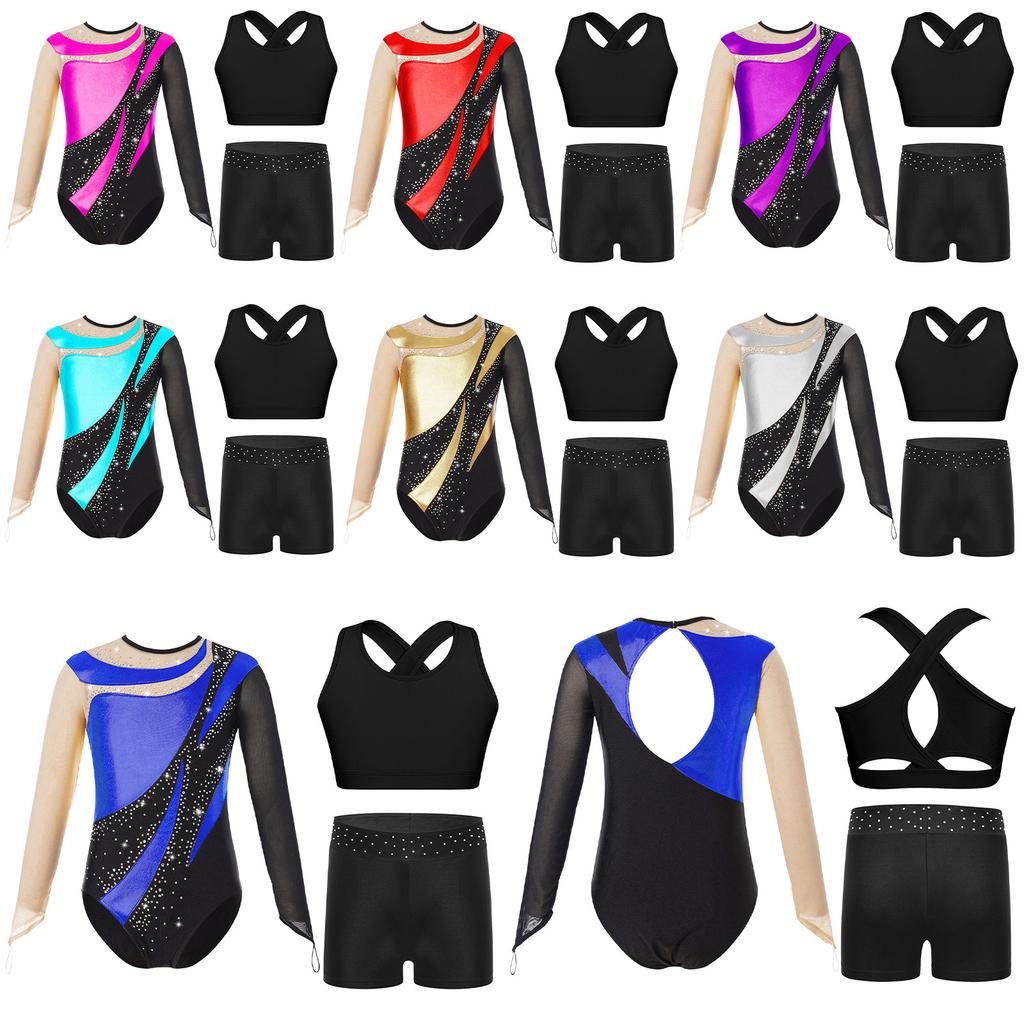 Gymnastics Leotard for Girls Kids with Shorts Long Sleeve Tumbling Ballet Dance Unitard with Active Vest
