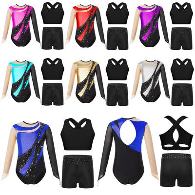 Girls 3 Piece Gymnastics Set Long Sleeve Mesh Leotard Keyhole Back with Cross Vest Rhinestone Shorts